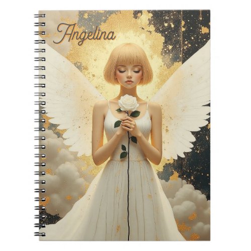 Celestial Grace Pretty Angel and Rose Personalized Notebook