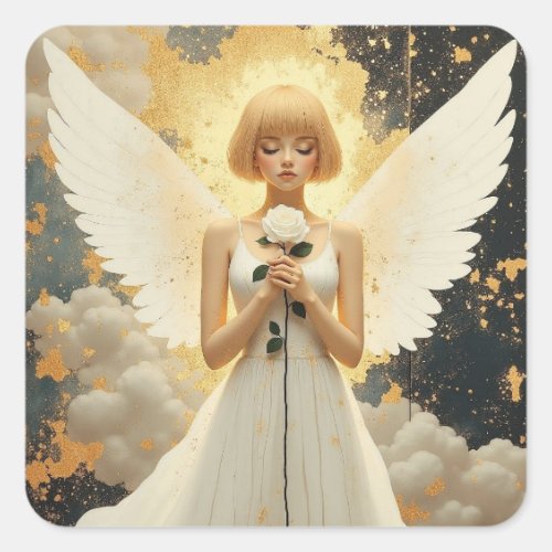 Celestial Grace | Pretty Angel and Rose Square Sticker