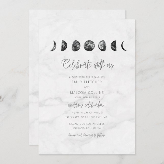 Celestial Gray Marble Moon Phases Wedding Invitation (Front/Back)