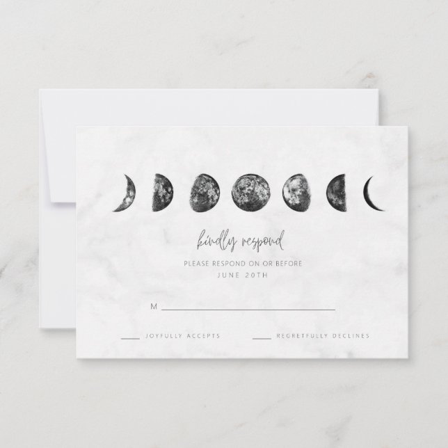 Celestial Gray Marble Moon Phases Wedding RSVP Card (Front)