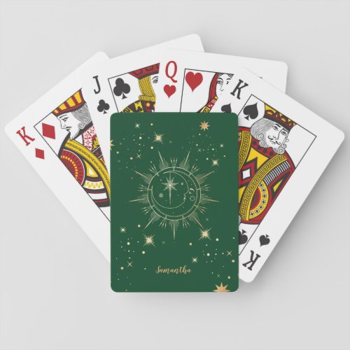 Celestial Green and Faux Gold Moon Sun Stars Name Playing Cards