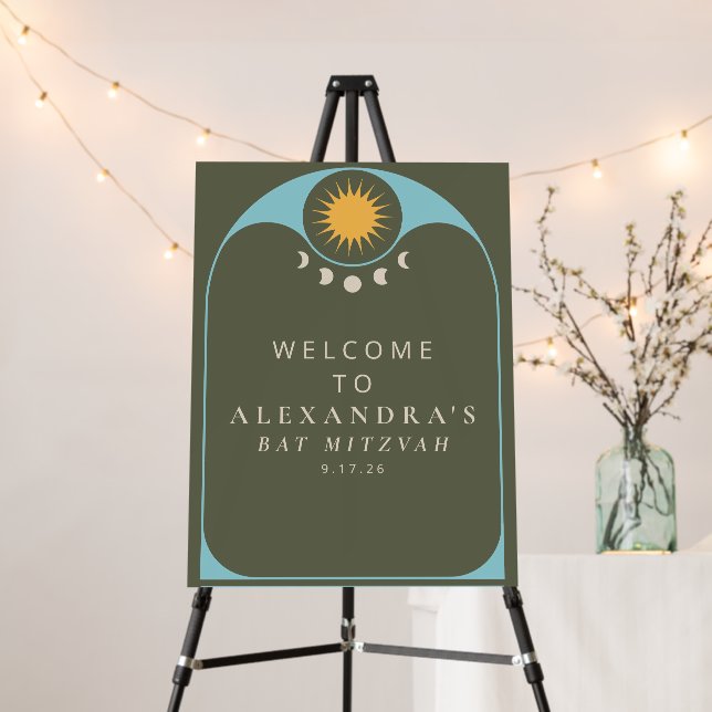 Celestial Green Blue Modern Bat Mitzvah Welcome Foam Board (In Situ (Stand))