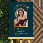 Celestial Green Gold 30th Birthday Welcome Foam Board<br><div class="desc">Celestial Green Gold 30th Birthday Welcome Foam Board features an elegant gold sun, moon and stars frame on a forest green background. Inside is your favorite photo and below your birthday welcome sign information. Personalize by editing the text in the text boxes and adding your favorite photo. Designed for you...</div>