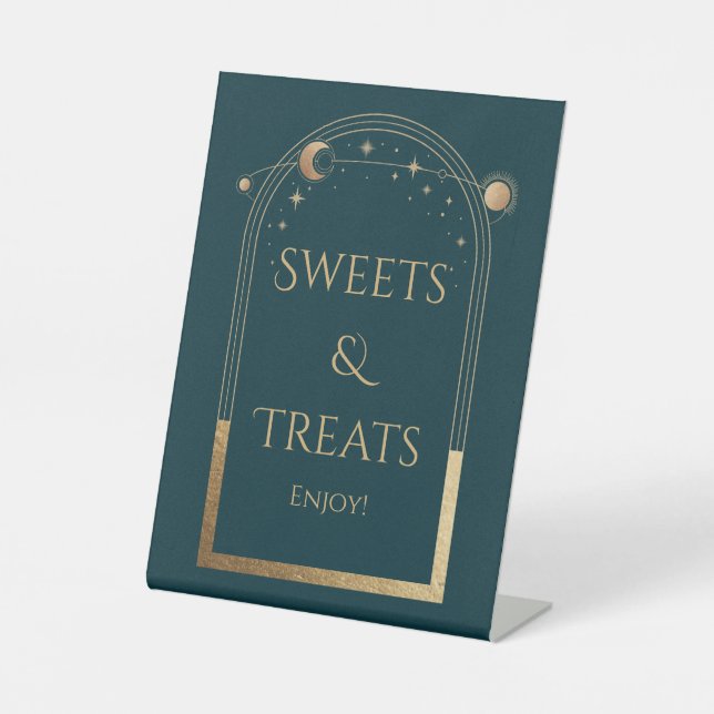 Celestial Green Gold Birthday Sweets & Treats Pedestal Sign (Front)