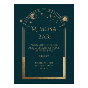 Celestial Green Gold Mimosa Bar Sun Moon Stars Poster