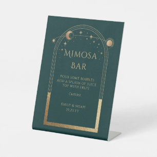 Celestial Green Gold Mimosa Bar Wedding Pedestal Sign