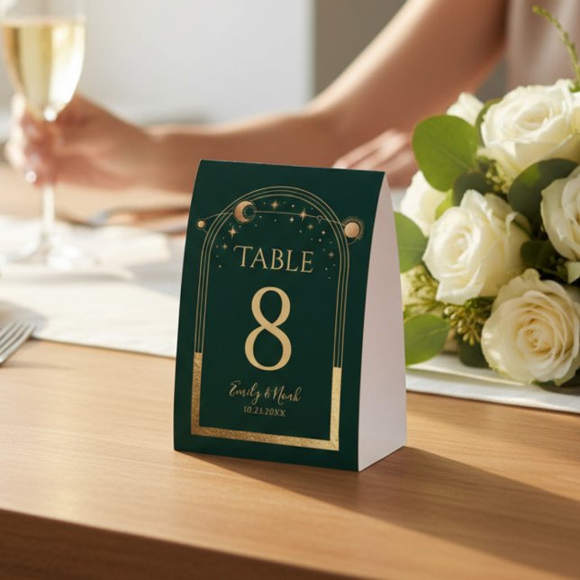 Celestial Green Gold Starry Night Elegant Wedding Paper Table Tent (Creator Uploaded)