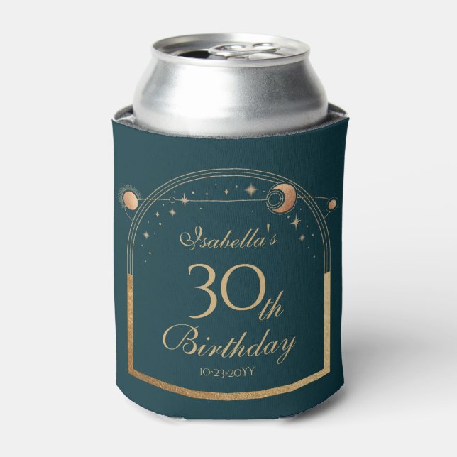 Celestial Green Gold Sun Moon Stars 30th Birthday Can Cooler (Can Front)