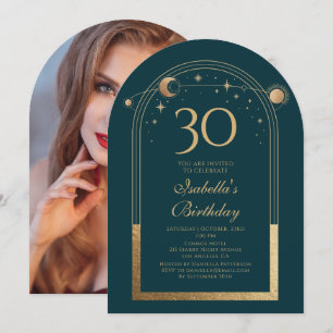 Celestial Green Gold Sun Moon Stars 30th Birthday Invitation