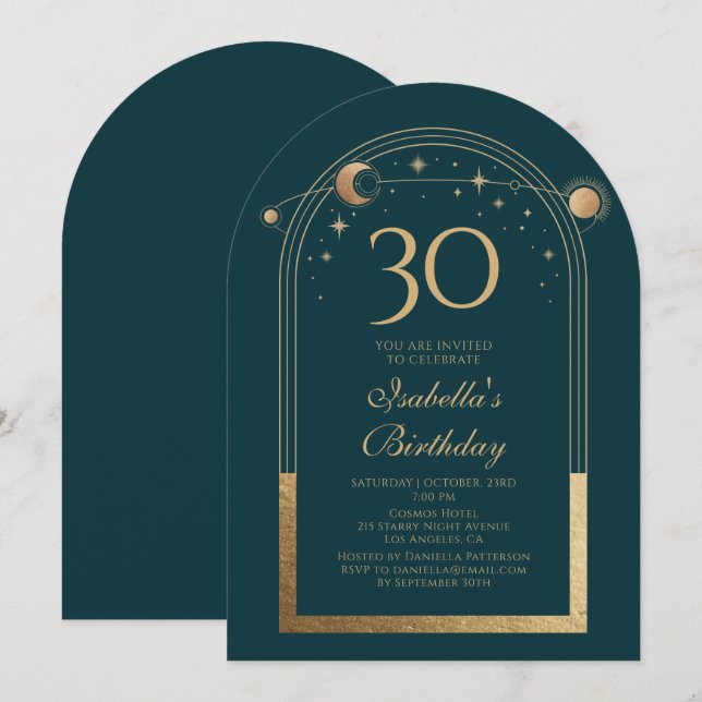 Celestial Green Gold Sun Moon Stars 30th Birthday Invitation (Front/Back)