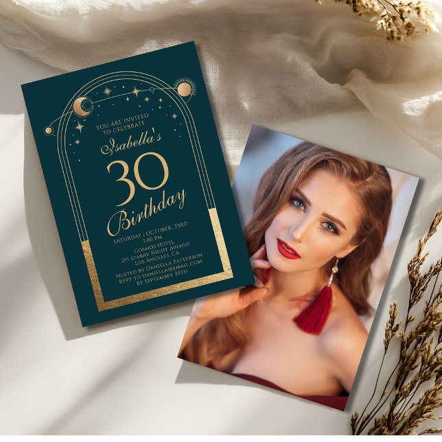 Celestial Green Gold Sun Moon Stars 30th Birthday Invitation (Creator Uploaded)