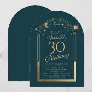 Celestial Green Gold Sun Moon Stars 30th Birthday Invitation