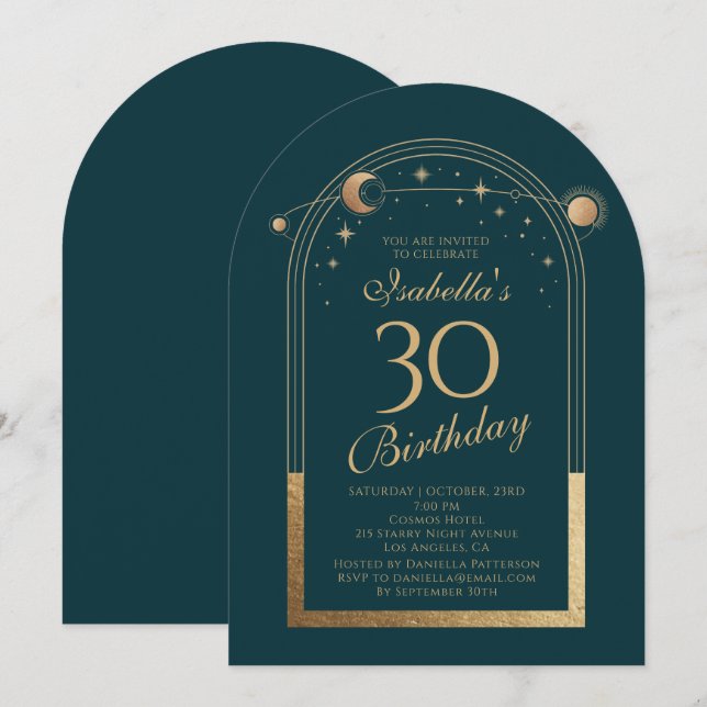 Celestial Green Gold Sun Moon Stars 30th Birthday Invitation (Front/Back)