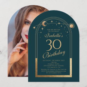 Celestial Green Gold Sun Moon Stars 30th Birthday Invitation