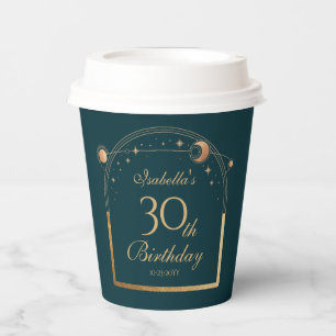 Celestial Green Gold Sun Moon Stars 30th Birthday Paper Cups