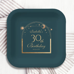 Celestial Green Gold Sun Moon Stars 30th Birthday Paper Plates