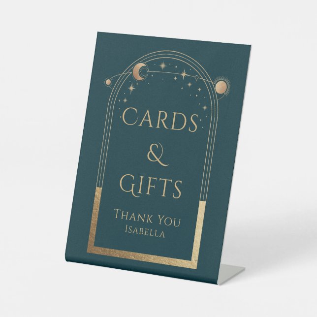 Celestial Green Gold Sun Moon Stars Cards & Gifts Pedestal Sign (Front)