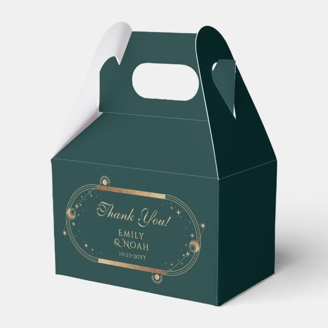 Celestial Green Gold Sun Moon Stars Wedding Favor Boxes (Front Side)