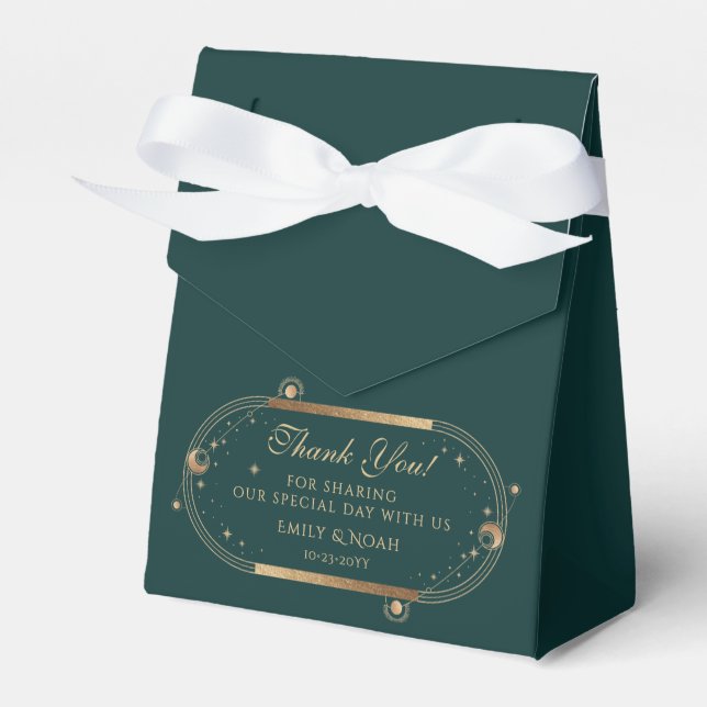 Celestial Green Gold Sun Moon Stars Wedding Favor Boxes (Front Side)