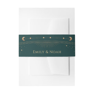 Celestial Green Gold Sun Moon Stars Wedding Invitation Belly Band
