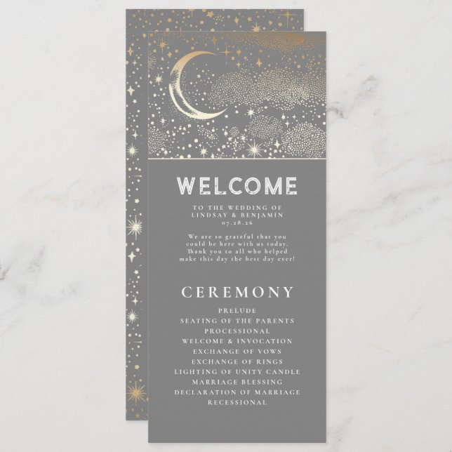 Celestial Grey and Gold Wedding Programs (Front/Back)