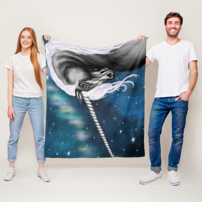 Celestial Guardian: Gray Unicorn with Aurora Dance Fleece Blanket (In Situ)