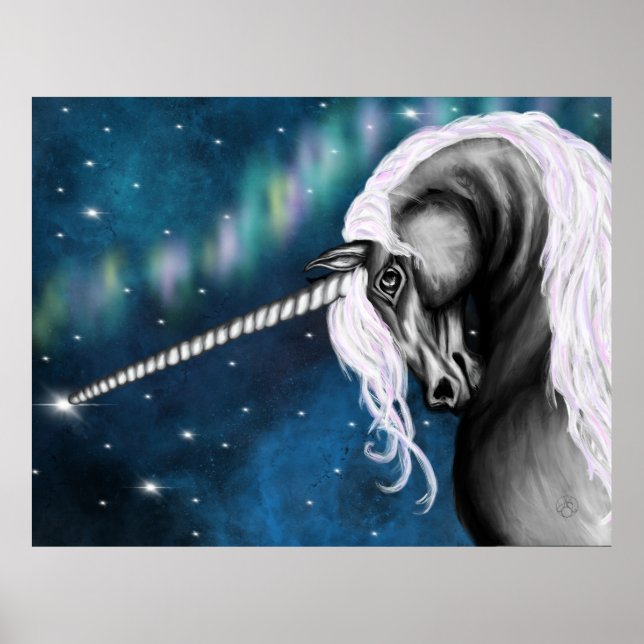 Celestial Guardian: Gray Unicorn with Aurora Dance Poster (Front)