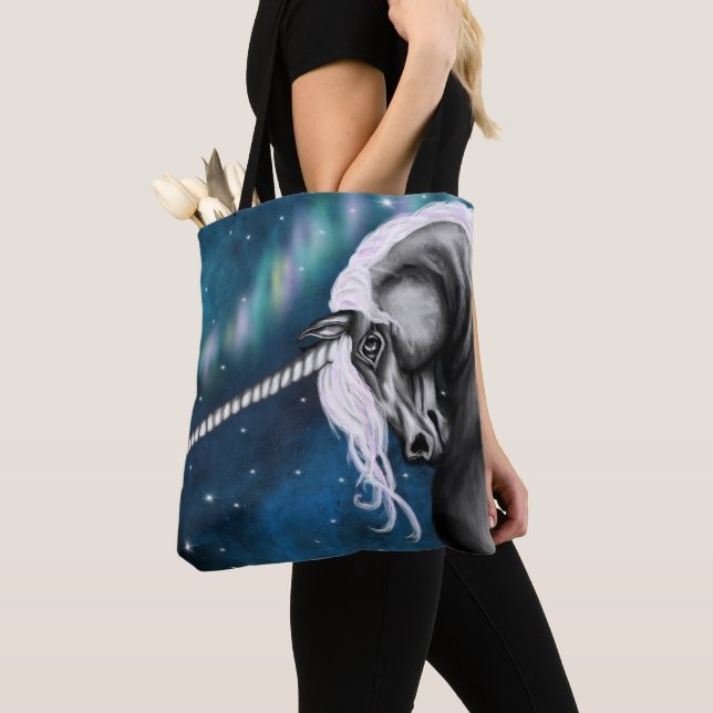 Celestial Guardian: Gray Unicorn with Aurora Dance Tote Bag (Close Up)