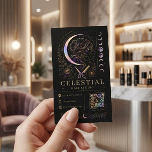 Celestial Hair Studio Luxury Black Gold QR Salon Business Card