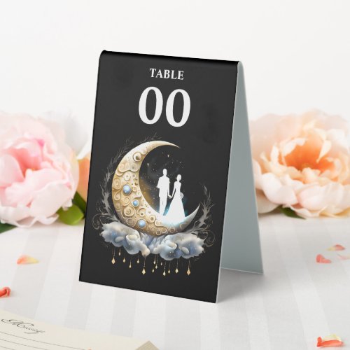 Celestial half moon bridal silhouette starry night table tent sign