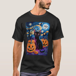 Celestial Halloween Black Cat in Starry Night Desi T-Shirt