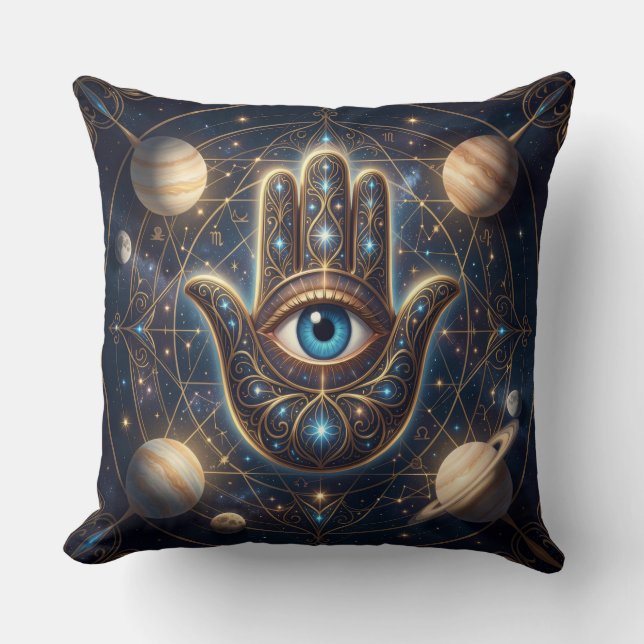 Celestial Hamsa Hand & Evil Eye Cosmic Protection  Throw Pillow (Front)