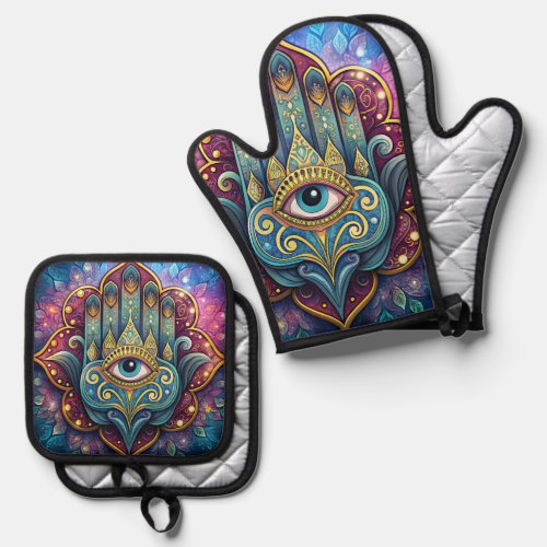 Celestial Hamsa  Oven Mitt  Pot Holder Set