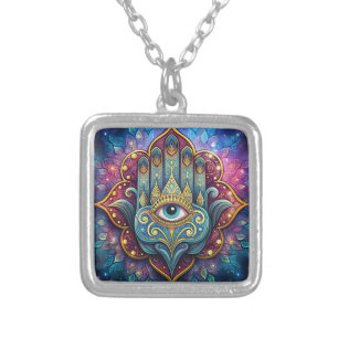 Celestial Hamsa  Silver Plated Necklace