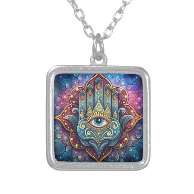 Celestial Hamsa  Silver Plated Necklace (Front)