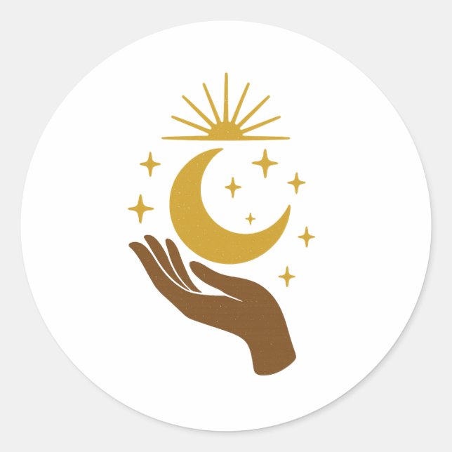 Celestial Hand Holding the Moon – Minimal Cosmic D Classic Round Sticker (Front)