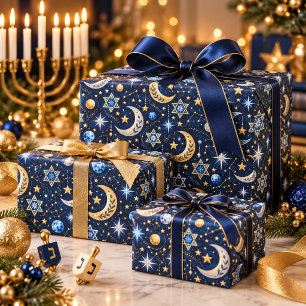 Celestial Hanukkah Night Sky Gold Stars Wrapping Paper