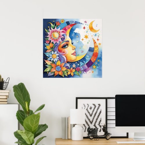 Celestial Harmony Moon_Face Sun  Floral Square Poster