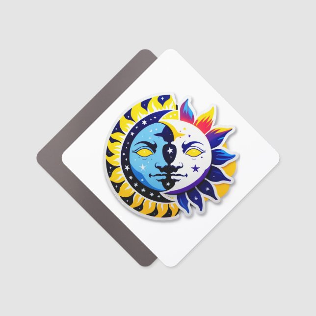 Celestial Harmony: Sun and Moon Face Sticker Car Magnet (Front)