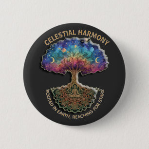 Celestial Harmony Tree   Cosmic Meditation Mandala Button