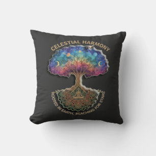 Celestial Harmony Tree - Cosmic Meditation Mandala Throw Pillow