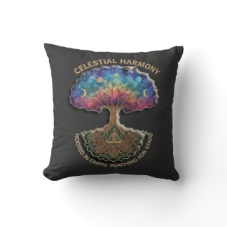 Celestial Harmony Tree - Cosmic Meditation Mandala Throw Pillow