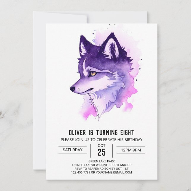 Celestial Howl: Wolf Birthday Invitation (Front)