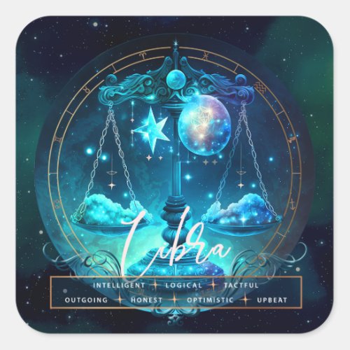 Celestial Libra Symbol Fantasy Ehereal Blue Zodiac Square Sticker
