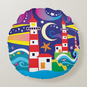 Celestial Lighthouses Round Pillow