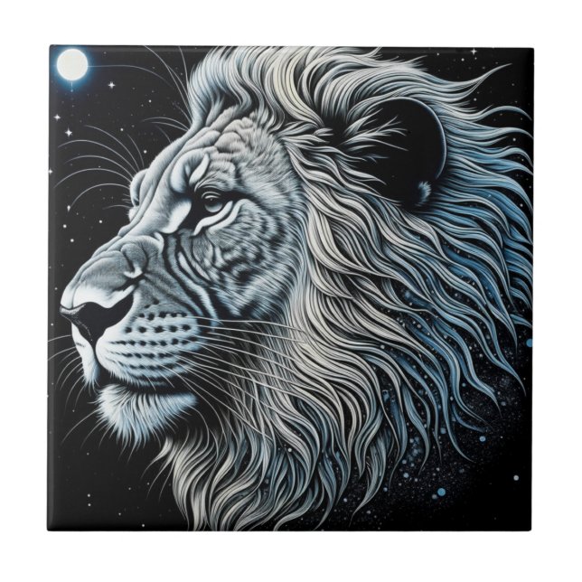 Celestial Lion Night Sky Ai Art Ceramic Tile (Front)