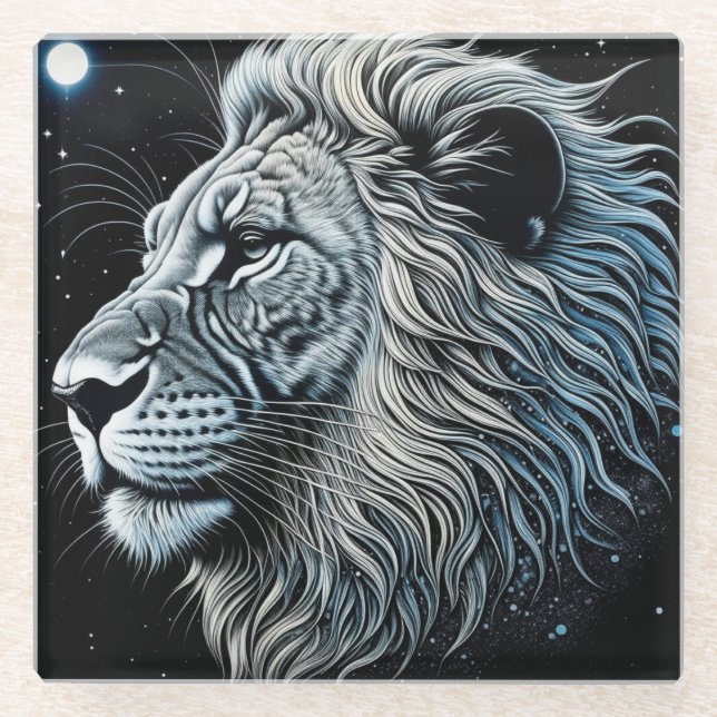 Celestial Lion Night Sky Ai Art Glass Coaster (Front)