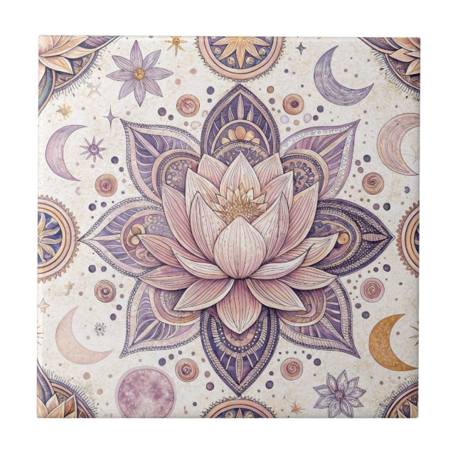 Celestial Lotus Mandala Spiritual Design Pattern Ceramic Tile (Front)