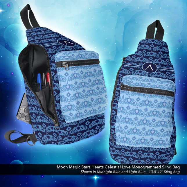 Celestial Love Stars Hearts Pattern Monogrammed Sling Bag (Moon Magic Stars Hearts Celestial Love Monogrammed Sling Bag)
