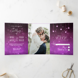 Celestial Love Written in Stars Photo Wedding Tri-Fold Invitation